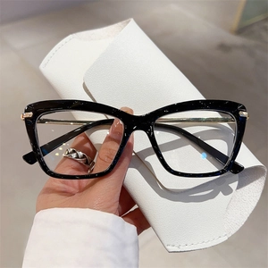Fashionable black square frame glasses with gold metal accents and white leather case