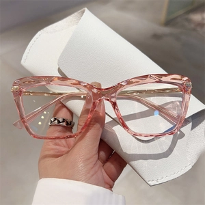 Women Anti Blue Light Optical Glasses PC Frame Metal Temples Faceted Cat Eye Geometric Fashion Decorative Eyewear