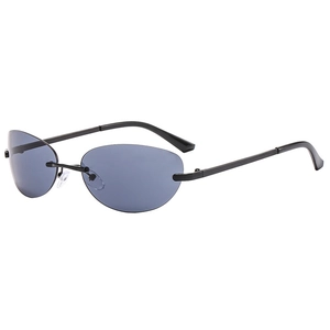 Lunettes de soleil Y2K ovales sans monture, verres gris foncé et branches en métal noir