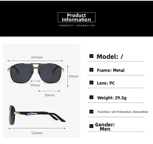 Detailed dimensions and specifications for men's polarized aviator metal sunglasses
