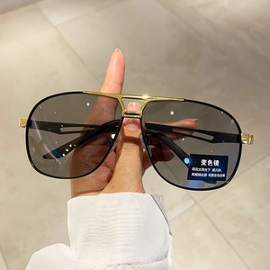Close-up of pilot sunglasses with photochromic lenses and gold metal hinge details