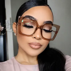 Oversized square anti-blue light glasses with translucent amber frames for women
