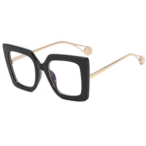 Vintage oversized square blue light glasses with black frames and gold pearl temples