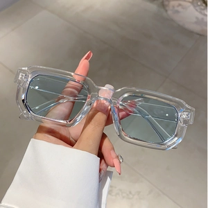 Gros plan d'une main tenant des lunettes de soleil carrées transparentes aux verres bleu clair
