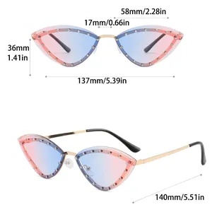 Detailed size specifications for cat-eye sunglasses with rhinestone and gradient lens