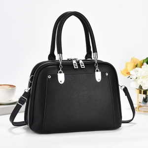 Black litchi pattern tote bag with dual zippers and adjustable shoulder strap for women