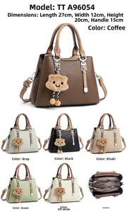 Women's faux leather handbag with 3 compartments and teddy charm, size 27x12x20cm