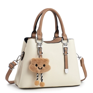 Women Fashion Litchi Pattern PU Leather Tote Bag With Plush Pendant Elegant Shoulder Crossbody Handbag For Daily Office
