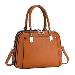 Brown litchi grain leather tote bag with top handles and adjustable shoulder strap