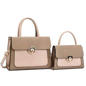 Elegant two-piece beige woven tote bag and clutch set with circular metal lock and strap