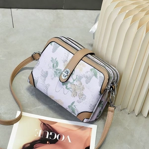 Floral Print Crossbody Shoulder Bag Multi Zipper Layers PU Leather Fabric National Style Vintage Small Square Camera Bag For Women