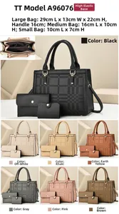 Three-piece women bag set with grid pattern showing sizes and seven color options
