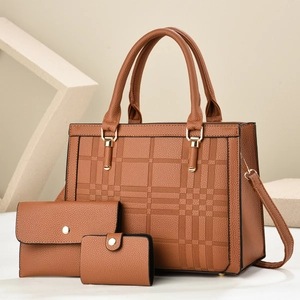 Brown 3-piece women's tote bag set with lattice embossing and golden hardware detail