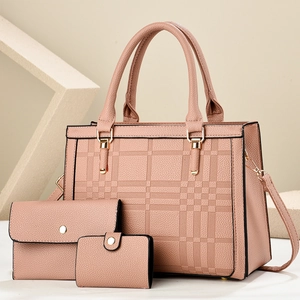Three-piece pink lychee pattern tote bag set with geometric embossed faux leather finish