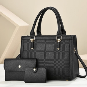 Women Handbag Tote Clutch And Card Holder PU Leather Litchi Grid Embossed Gold Hardware Fashion Elegant