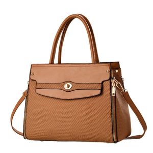 Brown textured handbag with leather trim and gold swivel lock at a 45-degree angle