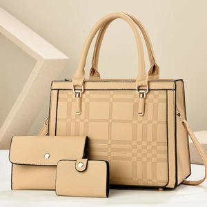 Three-piece khaki tote bag set with textured plaid embossing and gold-tone hardware