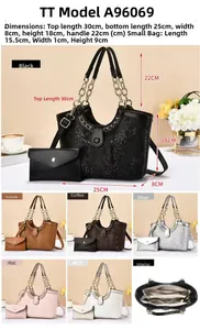 Detailed view of snake-embossed handbag set with dimensions and multi-color options