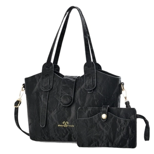 Retro black crinkled tote bag and pouch set with gold hardware and shoulder strap