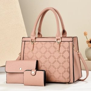 Three-piece rose pink handbag set with quilted texture including large tote and clutch