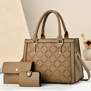Brown 3-piece bag set with tote, wallet and pouch featuring quilted geometric pattern