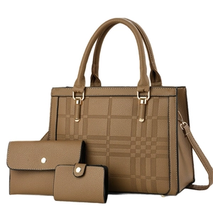 3-piece khaki tote bag set with textured faux leather and golden hardware accents