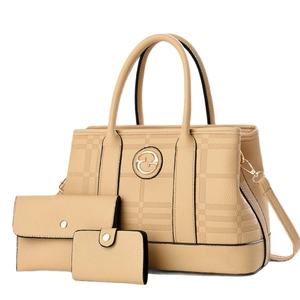 Beige three-piece handbag set with textured tote bag, wallet and card holder for women