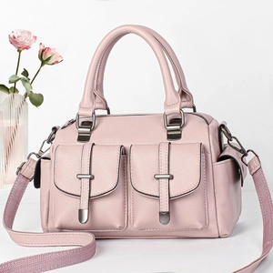 Pink lychee texture handbag with multi-pocket design and wide woven shoulder strap