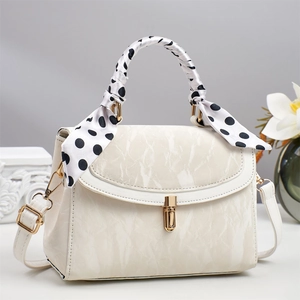 Elegant PU Leather Shoulder Bag Marble Crinkle Texture Handbag Polka Dot Scarf Decor Versatile Women Crossbody Bag