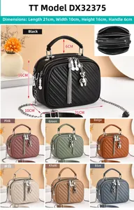 Detailed view of triple zipper quilted handbag with dimensions 21x10x16cm in seven colors