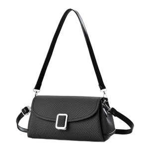 Structured black crossbody bag for women with woven texture and silver buckle