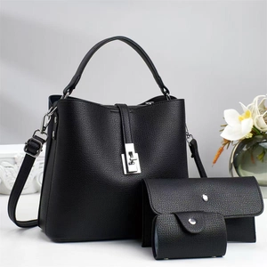Ensemble 3 pièces en cuir noir avec sac à main, pochette et porte-cartes