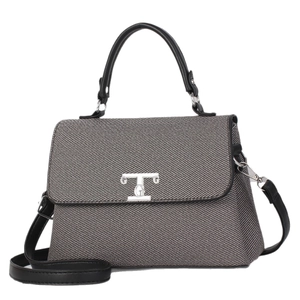 Borsa a mano chic da donna in twill grigio con finiture nere e tracolla lunga