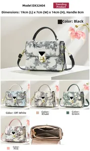 Detailed views of paisley printed handbag showing dimensions, interior pockets and five colors