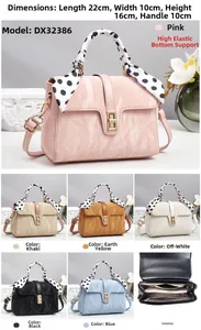 Detailed view of trendy mini crossbody bag showing dimensions and polka dot scarf handle