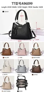 Detail view of large capacity PU leather handbag with dimensions and color variations