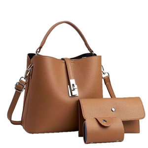 Ensemble 3 pièces sac seau marron avec pochette assortie et porte-monnaie en similicuir grainé