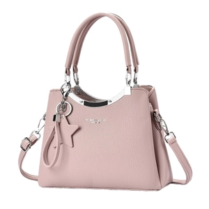 Pink PU leather tote bag with top handles, star pendant and crossbody strap for women