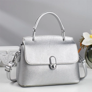 Chic silver crossbody bag with lychee texture and metallic lock shown in a studio set
