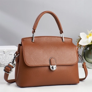 Detailed macro shot of brown litchi grain leather texture and silver twist lock on handbag