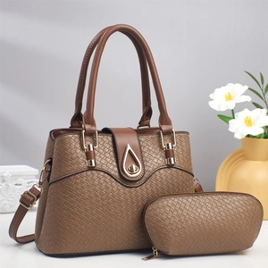 Brown lizard-textured large tote and pouch set with gold drop-shaped twist lock