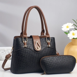 Lizard texture faux leather tote bag with matching pouch and brown leather handles