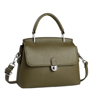 Textured olive green crossbody bag with leather grain, silver lock, and top handle