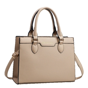 Large beige litchi pattern leather tote bag with shoulder strap for women