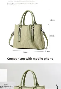 Detailed size specifications of light green soft leather handbag with dimensions and structure