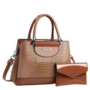 Ensemble sac à main pour femme en similicuir croco marron clair et cuir verni avec portefeuille