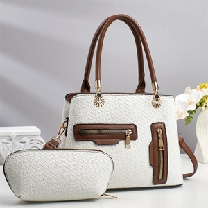Elegant woven texture white and brown tote bag set with golden metal hardware