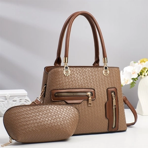 Women Handbag And Pouch PU Leather Woven Texture Elegant Tote Bag With Golden Hardware Large Capacity Fashion For Daily