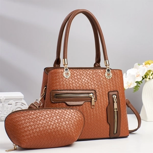 Brown woven texture tote bag set with matching small pouch and gold hardware accents