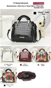 Detail view of crocodile pattern handbag showing multiple compartments and size dimensions